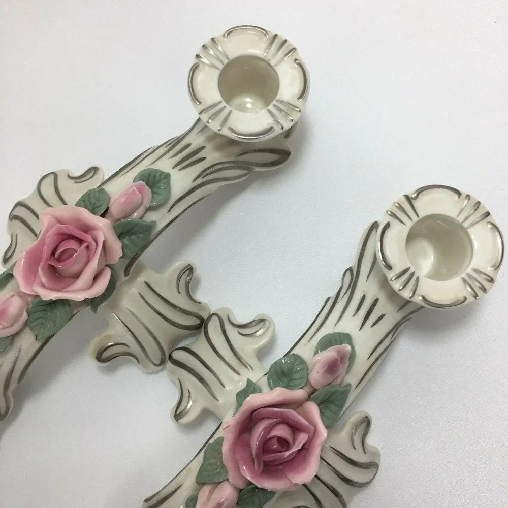 Set‎ of 2 DRESDEN Candle Holders Double Arm Pink